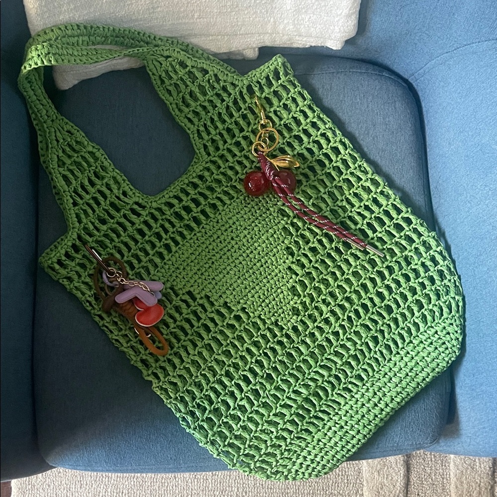 Green Crochet Woven Tote Bag Prada-Style Woth Charms Beach